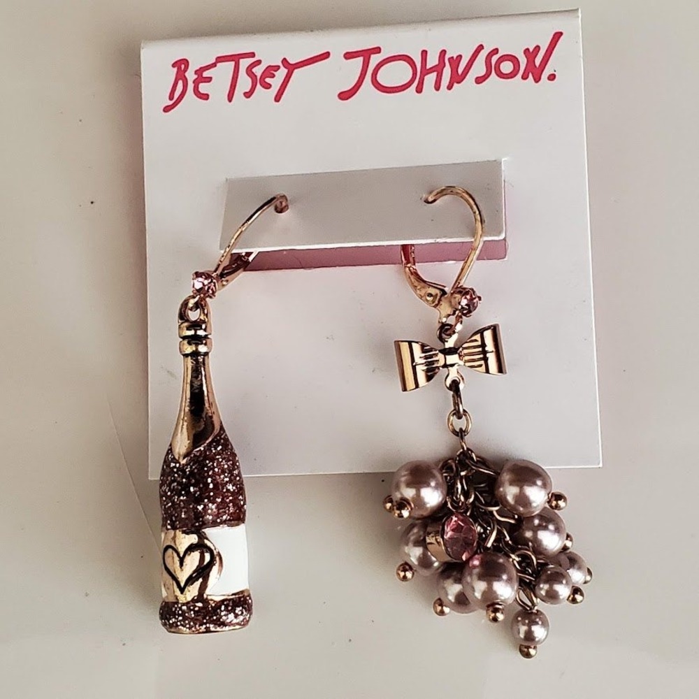 Betsey Johnson Mismatched Champagne Bottle and Bubble Cluster Earrings Rose Gold